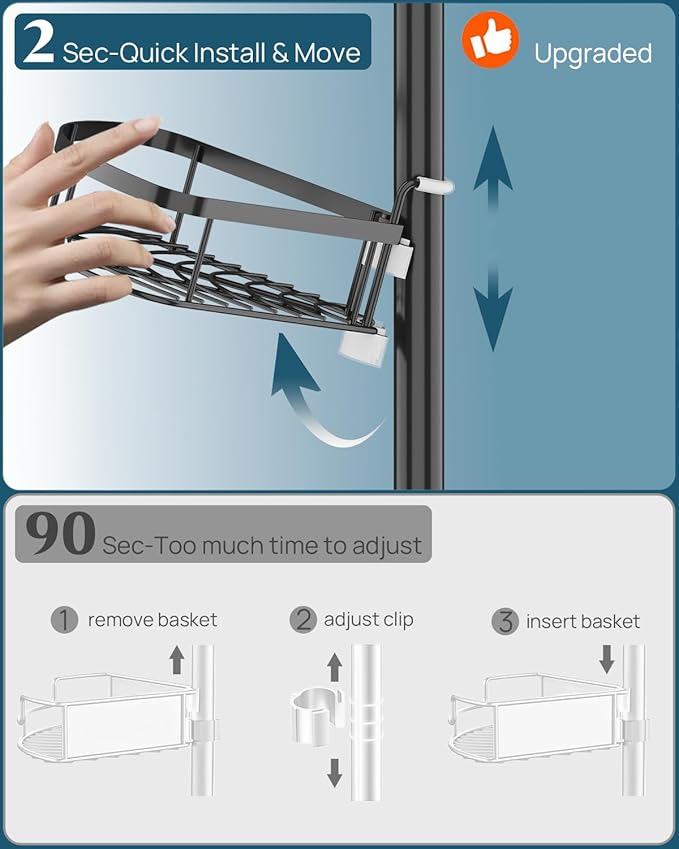 SEIRIONE Rustproof Shower Corner Caddy Organizer for Bathroom, 4-Tier Adjustable Bathroom Shelf with Tension Pole, Solid Rack Ideal for Bathtub Storage, 34 to 116 Inch Height, Black