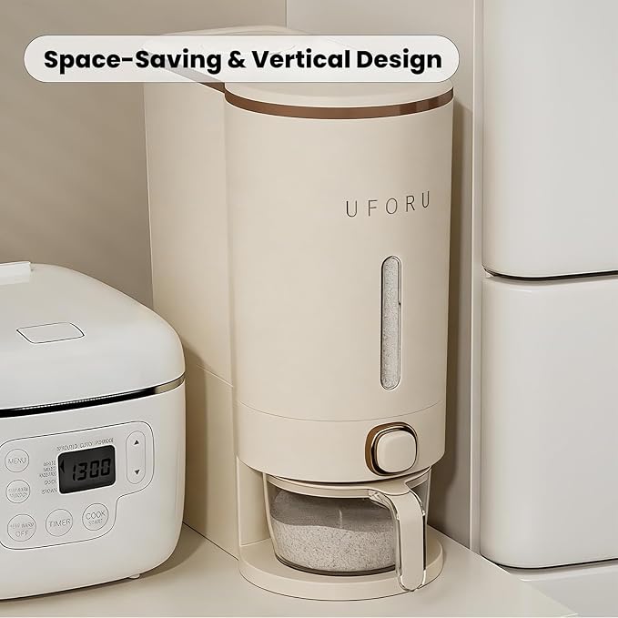 UFORU Rice Dispenser, Rice Storage Container with Measuring Cup for Kitchen Pantry Household, Cereal Dry Food Storage Containers Airtight, Sealed Moisture Proof (Brown 13 Lbs)