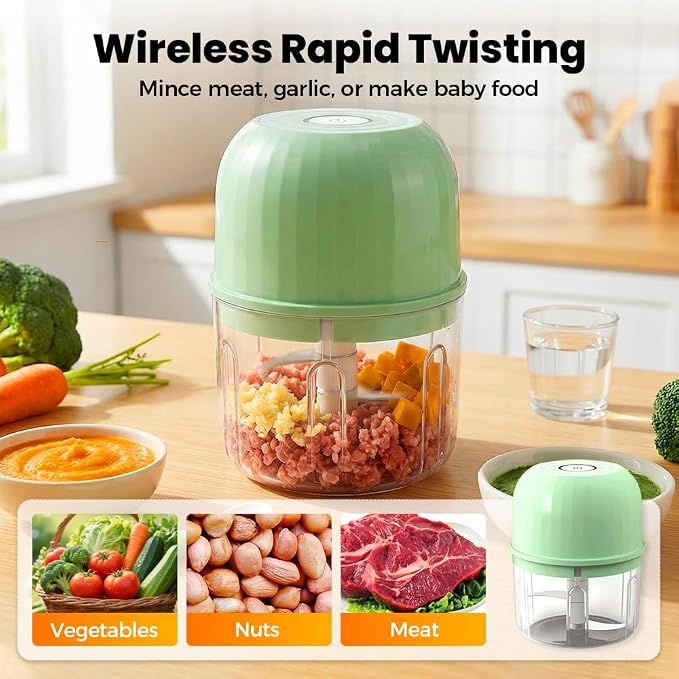 Electric Garlic Chopper, 2026 New Mini Portable Veggie Chopper Garlic Grinder Masher Onion Chopper, Rechargeable Wireless Food Processor for Garlic Onion Ginger Chili Vegetables Meat (Light Green)