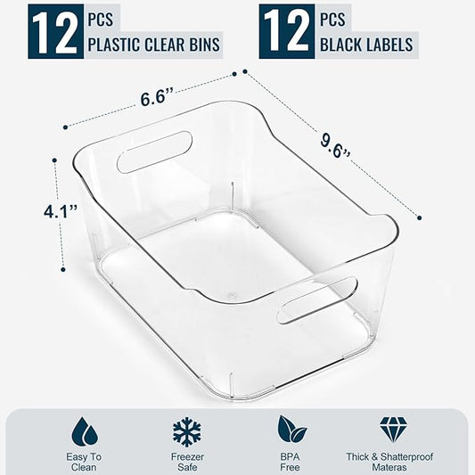 12 PACK Multi-Use Clear Plastic Storage Bins for Organizing w/ Labels - Home, Kitchen, Bathroom, Office, Pantry Cabinet Shelf Organizer Bins - SOHO Collection, RV, Fridge Organization Containers