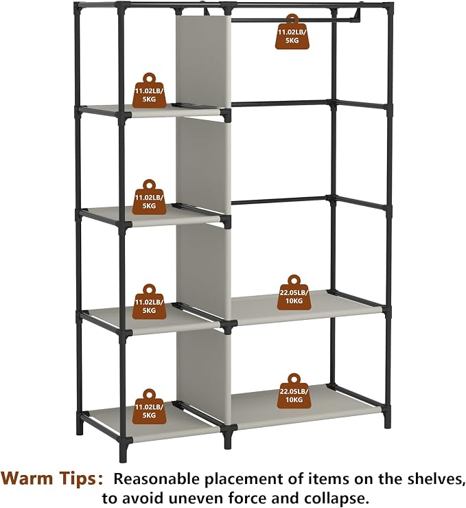 Calmootey Portable Closet Organizers, Clothing Storage, Wardrobe with 6 Shelves and Hanging Rod, Non-Woven Fabric Cover with 4 Side Pockets, Grey