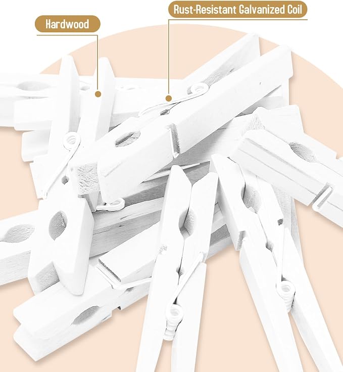 100 Pack White Wooden Clothes Pins 2.9 Inch, Heavy-Duty Wood Clothespins | Wooden Clips for Hanging, Crafts, Laundry, Photo Display & Classroom Decoration, Smooth Finish & Rust Resistant Spring
