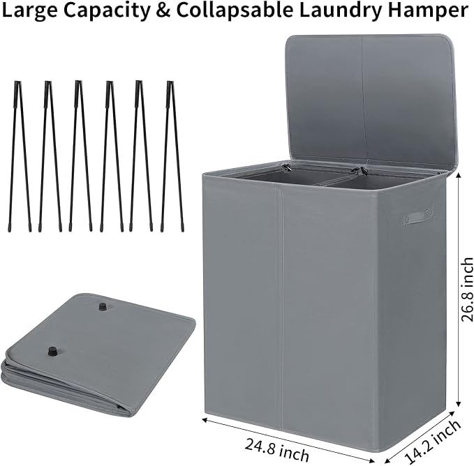 WOWLIVE 154L Double Laundry Hamper 2 Section with Lid and Removable Bags | Divided Laundry Basket, Large Dirty Clothes Hamper with Handle, Collapsible Laundry Storage for Dorm Room, College, Grey