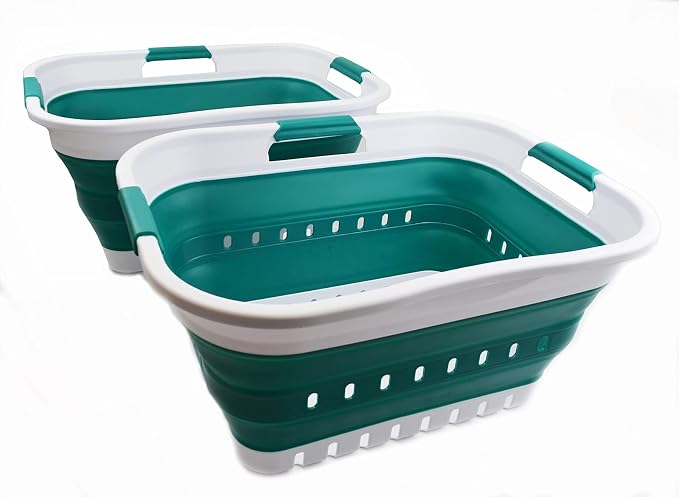 SAMMART Set of 2-30L (8 gallon) Collapsible Plastic Laundry Basket - Foldable Pop Up Storage Container/Organizer - Space Saving Hamper/Basket (2, White/Dark Green)