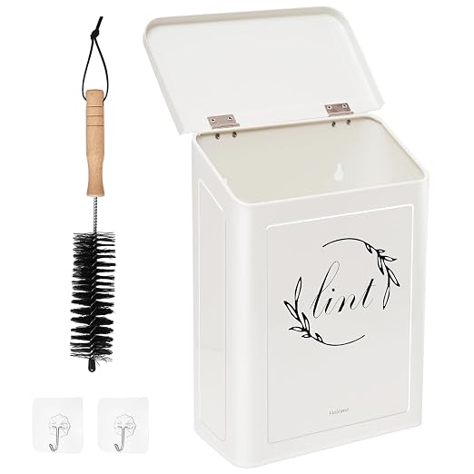 Magnetic Lint Bin for Laundry Room, Metal Lint Trash Can with Lid for Dryer, Wall Mounted Lint Holder Box with Lint Brush, Modern Farmhouse Laundry Room Decor, Cream