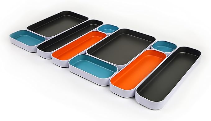 Three by Three Seattle Metal Drawer Organizer Tray Set, 10-Pc (Gray Mix) | Colorful food-safe metal bins; soft non-scratch base; organize utensils, makeup & supplies across every room