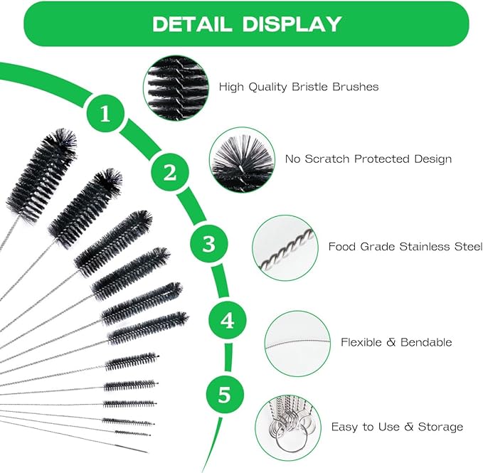 Brush Family Straw Cleaner Brush Set,12 Pieces Extra Long Pipe Water Bottle Brushes for Cleaning Reusable Drinking Straws,Bird Feeders,Pipes,Black (12pcs Different diameters Set)