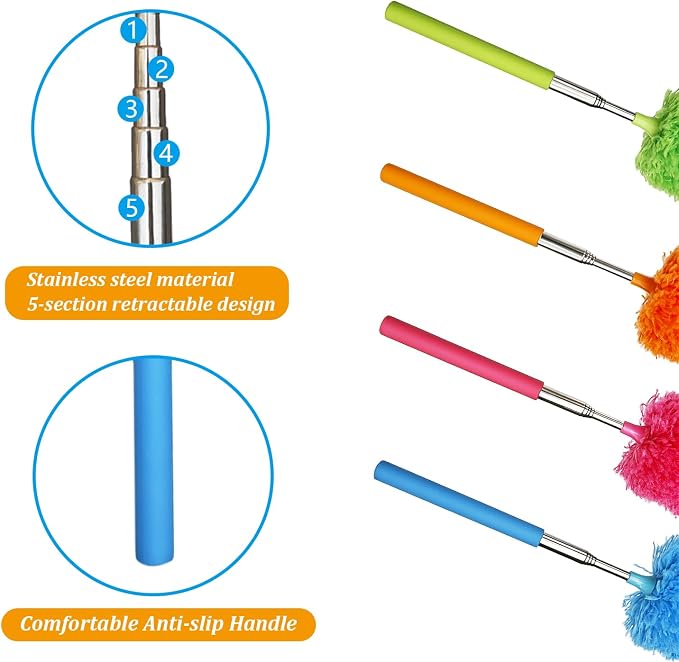 4 Pack Microfiber Feather Duster, with Extendable Pole and Bendable Head, Washable Microfibre Cleaning Tool for Cleaning Office, Car, Computer, Furniture, Sofa, Photo Frame