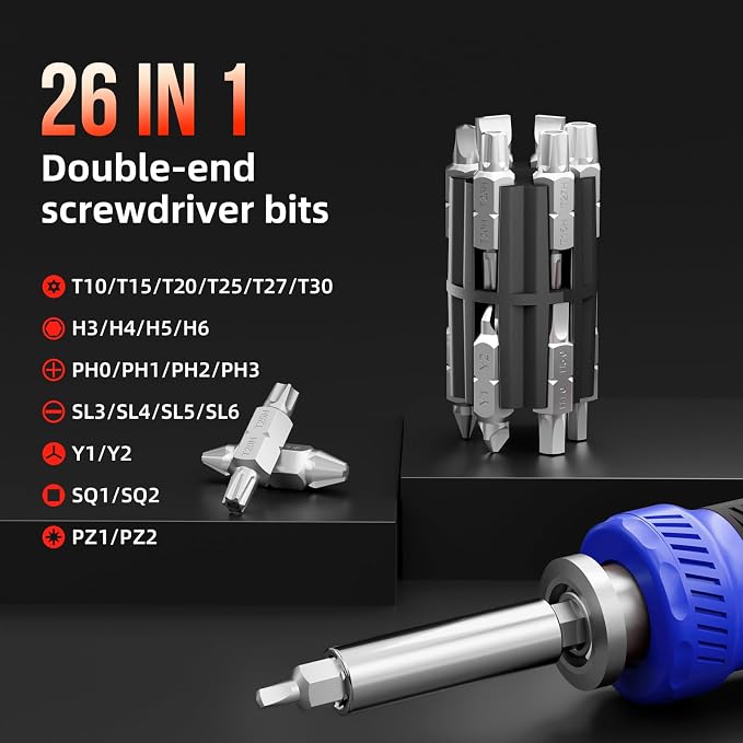Multi ScrewDriver Set 26 in 1 All in One Adjustable Screw Driver | Telescoping Screw Driver with 12 Double Ended CRV Bits Phillips Slotted Torx Hex Portable Repair Kit for Home Bike Computer