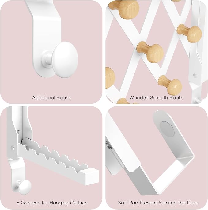 BAKON Over The Door Hanger, Collapsible Over Door Hooks Foldable Clothes Drying Rack with 7 Hooks for Hanging Clothes, Door Hanger Organizer Towel Rack for Laundry Bedroom Dorm Bathroom Living Room
