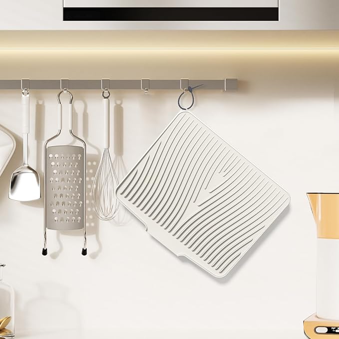 Silicone Dish Drying Mat for Kitchen counter, 19.7"x17" Extra Large Non-Slip Drain Pad with Built-in Drainage, Heat Resistant Dishwasher Safe, Cream