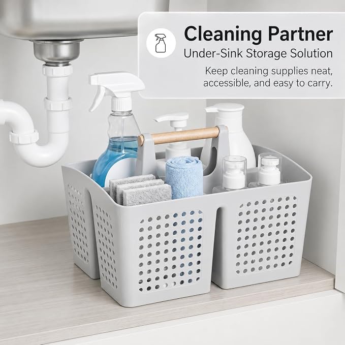 Portable Shower Caddy Basket with Wood Handle, 3-Compartment Bathroom Organizer Tote with Drain Holes, Plastic Shower Basket for Dorm, Toiletries, Cleaning Supplies,Light Gray