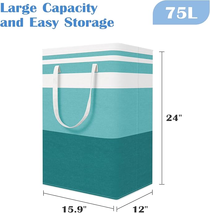 BlissTotes 3-Pack Laundry Basket, Collapsible Laundry Hamper, Green, 75L | Laundry Clothes Hamper, Hampers for Bedroom, Freestanding Hamper with Handles, Clothes Laundry Basket