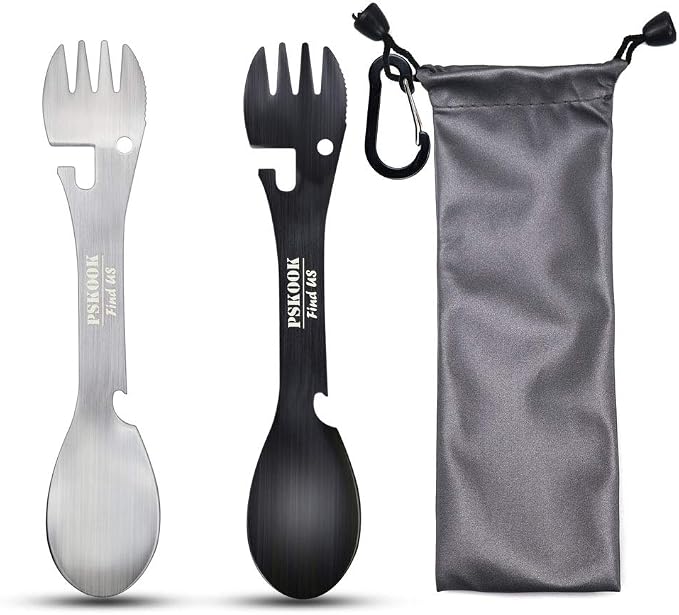 5-in-1 Utility Tactical Spork, 2-Pack Stainless Steel Spoon & Bottle Opener, Fork & Knife, Can Opener Combo Camping Utensil for Hiking, Camping or Backpacking (Black & Matte Silver)