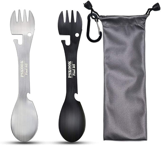 5-in-1 Utility Tactical Spork, 2-Pack Stainless Steel Spoon & Bottle Opener, Fork & Knife, Can Opener Combo Camping Utensil for Hiking, Camping or Backpacking (Black & Matte Silver)