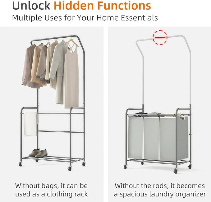 ROMOON Laundry Sorter Hamper with Hanging Bar, 3 Section Laundry Cart | Rolling Laundry Basket Organizer with Clothes Rack & Heavy-Duty Lockable Wheels for Apartment, Dorm, Small Spaces, 135L, Grey
