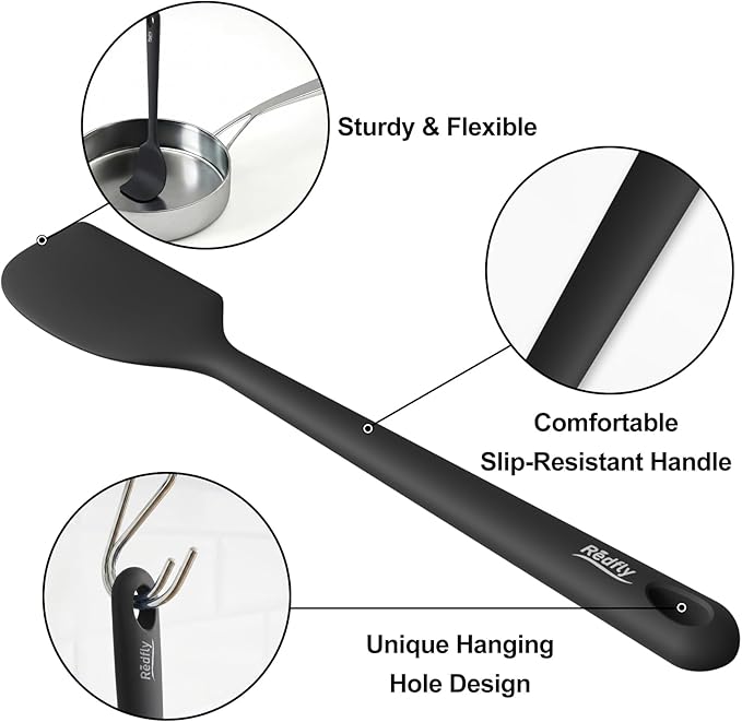 Redfly Silicone Spatula Set, 5 Piece Food Grade Silicone Cooking Utensils Set, Rubber Spatula Heat Resistant Nonstick for Baking, Cooking, Kitchen Utensils Dishwasher Safe Black