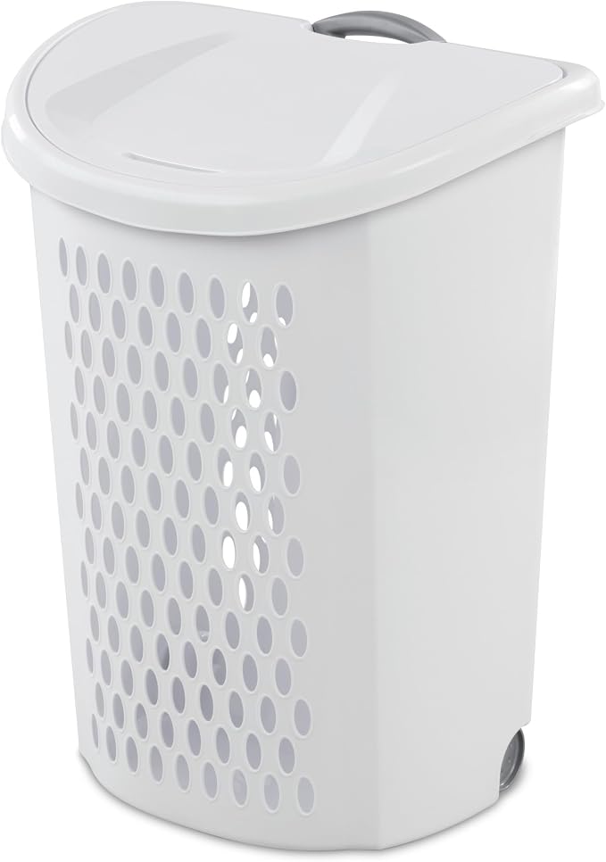White Wheeled Plastic Laundry Hamper with Comfort Handle & Rolling Wheels, Portable Dirty Clothes Storage Bin for Bedroom Bathroom Laundry Room, Easy Transport