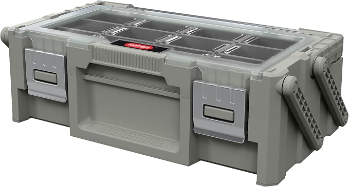 18" Cantilever Tool Box Organizer, Olive Green Heavy-Duty Tool Storage Box | 18 Removable Compartments, Metal Latches, Metal Carry Handle, Clear Lid & Two-Layer Full-Access Design