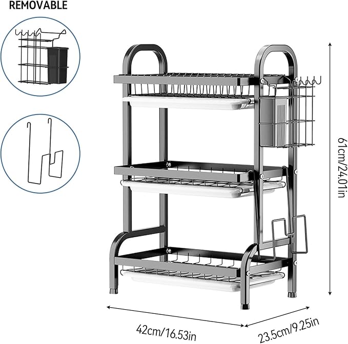 Goldmeet 3 Tier Dish Drying Rack, Large Stainless Steel Over The Sink Dish with Drain Tray, Kitchen Dishes Drying Racks, Dish Racks for Kitchen Counter Storage (Black)