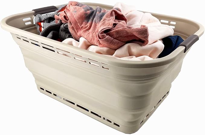 SAMMART 42L (11 Gallons) Collapsible Plastic Laundry Basket - Foldable Pop Up Storage Container/Organizer - Portable Washing Tub - Space Saving Hamper/Basket [BPA Free] (Apricot/Brown)