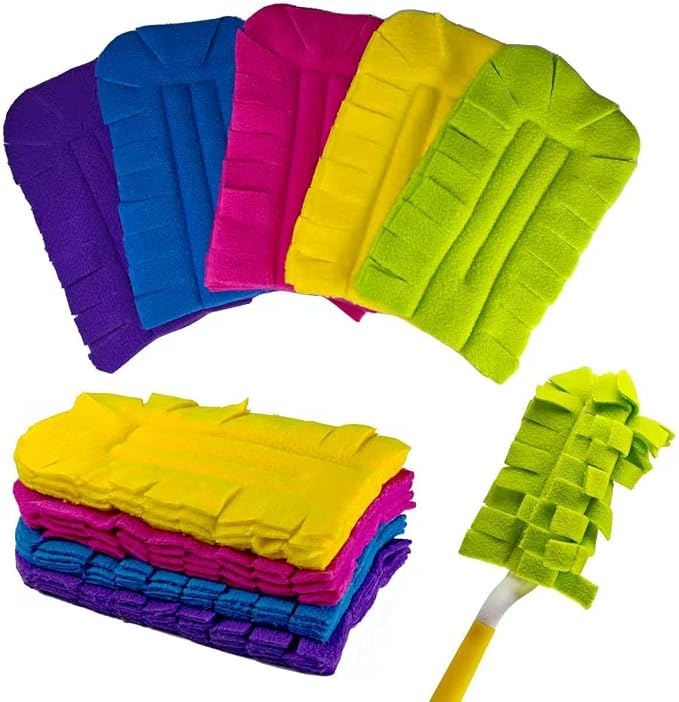 5 Pcs Reusable Fleece Duster Refills with Handle Washable Cleaning Pads | 360, heavy duty, electrostatic, fan, blinds, furniture, window, ceiling, cobweb, bendable, no scratch, auto, keyboard, shelf