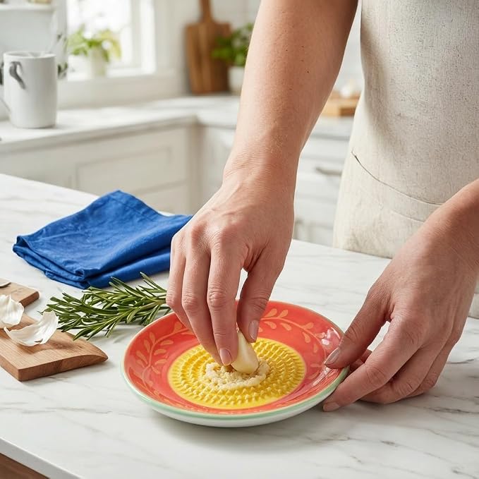 Handcrafted Ceramic Garlic Grater Plate 4-Pc Set, 4.72" Handmade Porcelain Grinding Dish with Wooden Boar Bristle Brush & Textured Silicone Peeler, Crimson Red Olive Vine