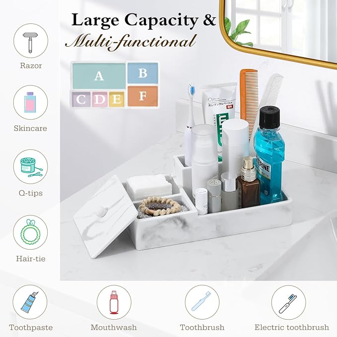 Luxspire Bathroom Counter Organizer with Lid, 6 Slots, Gravel White | Bathroom Vanity Organizer, Bathroom Organizer Countertop for Cotton Ball, Q-Tips, Floss