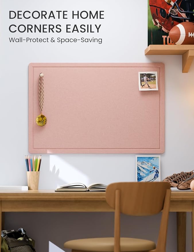 Fluxynara 35.4" x 23.6" Bulletin Board, Pink | Cork Board Alternative with 12 Removable Adhesive Tabs, Foldable Felt Pin Board for Home, Office, Classroom & Dorm