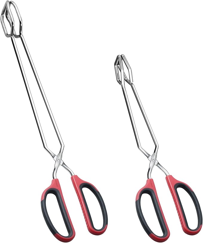 HINMAY 12" 16" Extra Long Stainless Steel Kitchen Tongs Set, Non-Slip Comfortable Red Grip, Scissor Design, Heat Resistant for Cooking Grilling and Serving