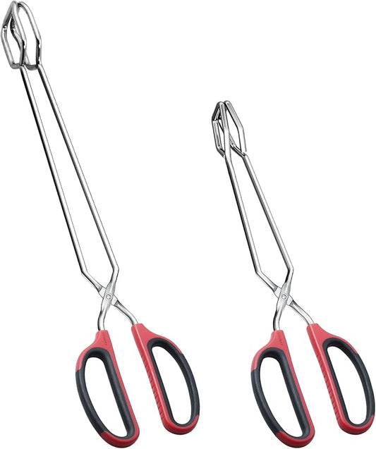 HINMAY 12" 16" Extra Long Stainless Steel Kitchen Tongs Set, Non-Slip Comfortable Red Grip, Scissor Design, Heat Resistant for Cooking Grilling and Serving