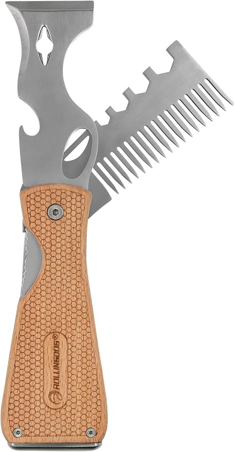 ROLLINGDOG 14 in 1 Paint Scraper Tool | Folding Painters Tool with Beech Wooden Handle Includes Roller and Brush Cleaner, Nail Puller, Putty Knife Scraper