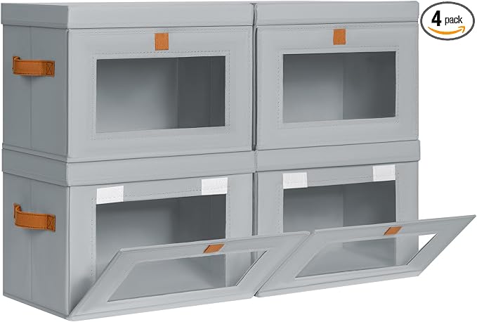 Homsorout Medium Fabric Storage bins - Collapsible Storage Bins with Open Window, 4 Pack Closet Baskets for Shelves, Stackable Decorative Boxes for Home, Dorm, Grey, 13.7"x 9.8" x 9.8"