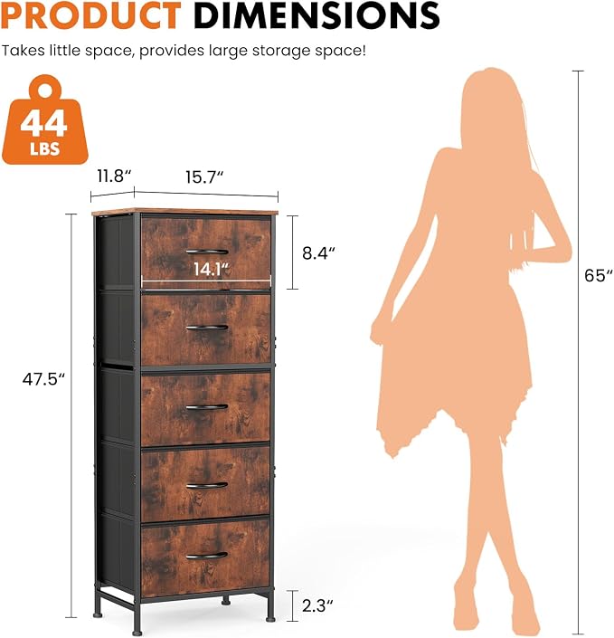 Sweetcrispy 5 Storage Drawer Bedroom Dresser, Tall Dresser for Organizer | Chest of 5 Drawers for Home Storage, Narrow Nightstand, Durable Clothes Oragnizer, Sturdy Frame and Wooden Top, Brown