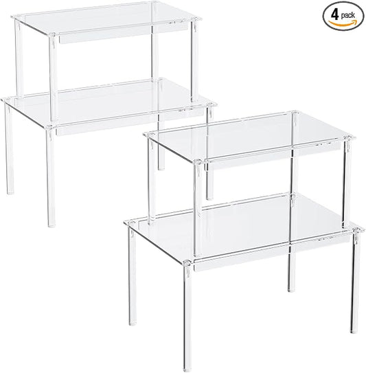 Delamu Cabinet Shelves, Clear Stackable Acrylic Storage Risers with Heavy Duty Support, Cabinet Organizer Shelf for Spices, Seasonings, Jars, Pantry, Kitchen Counter, Easy Assembly