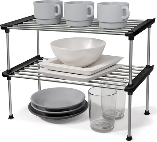 carrotez Set of 2 Stackable Cabinet Organizer Shelf 15.7 x 7.8 x 6.1 Black | Kitchen Counter Shelves, Kitchen Cabinet Organizers and Storage, Pantry Storage Shelf Organizer