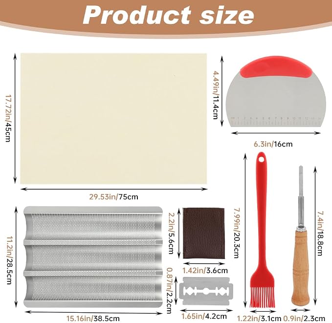 Baguette Bread Pan, Nonstick Baguette Pan for French Loaf Baking with Dough Scraper, Pastry Brush, Bread Lame, Replacement Blades, Banneton Cloth for Sourdough, Artisan Bake Baking