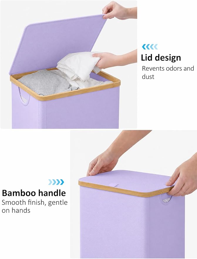 IEGrow Laundry Hamper with Lid,110L Laundry Basket with Mesh Bag,Purple | Dirty Clothes Hamper Basket with Bamboo Handle for Clothes Towels Organization