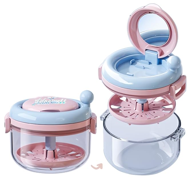 Denture Bath Cup，Retainer Cleaner Case Box,Night Mouth Guard Case Holder,Storage Soak Container with Drain Tray for Travel Cleaning with Mirror and Brush (Pink&Blue)