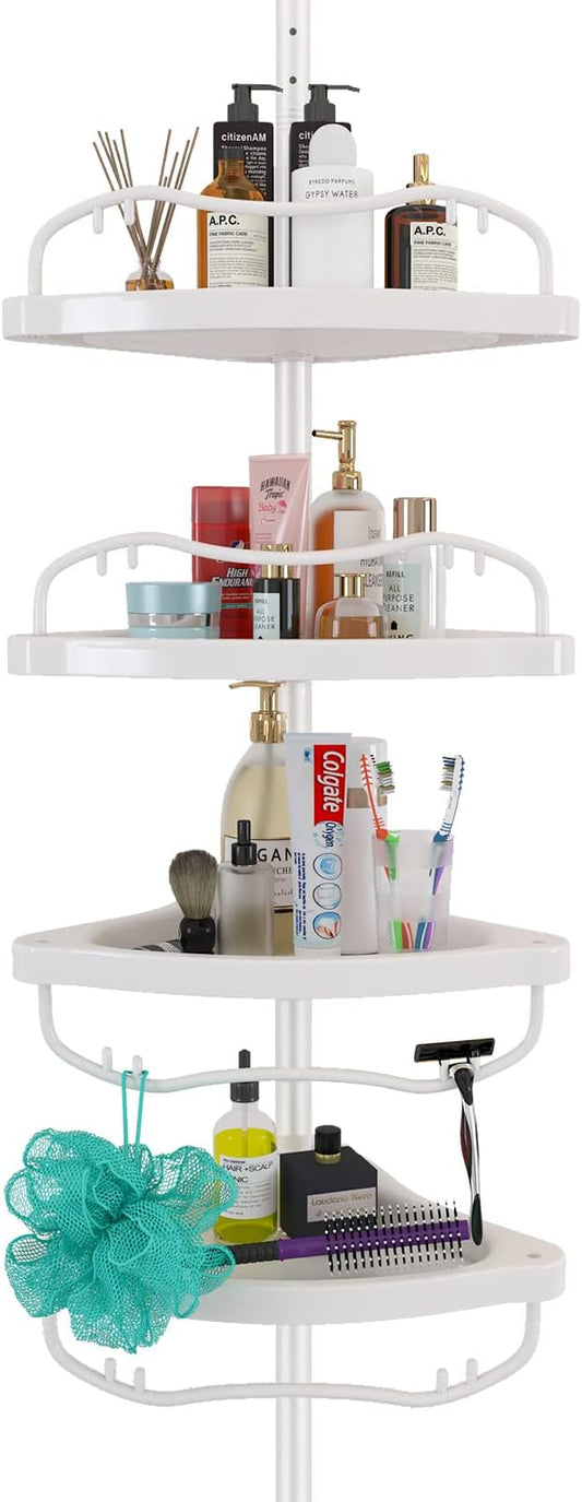 Shower Caddy Tension Pole with 4 ABS Baskets,Shower Storage Shelf with 56 to 125 Inch Adjustable Stainless Pole for Bathroom White