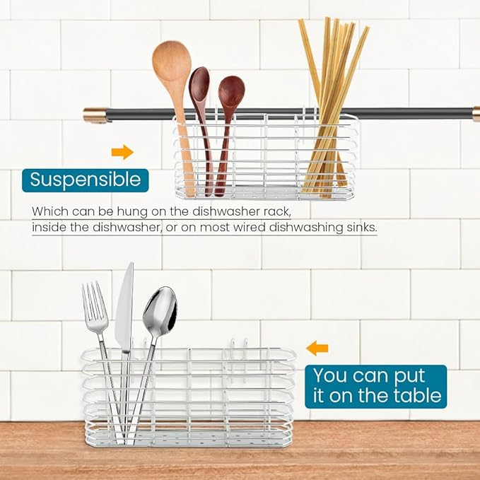 Utensil Drying Rack, 304 Stainless Steel Dish Drying Rack with Hook, 3 Divided Compartments Drainage Basket, No Drilling Kitchen Tableware Organizer(Silver)