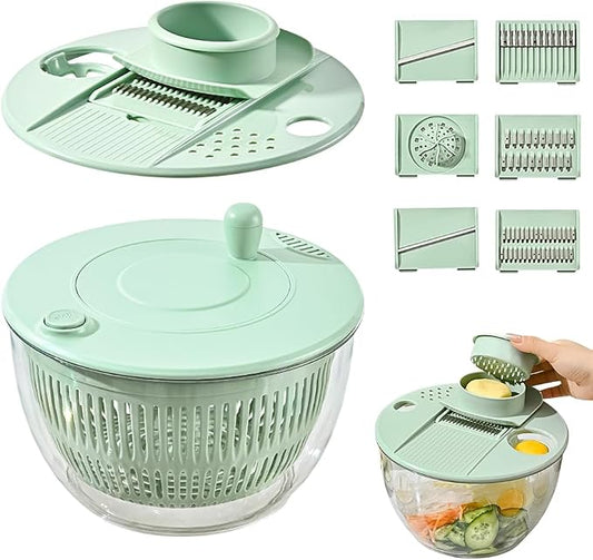 Salad Spinner with Slicer, 2026 New 3 in 1 Salad Spinner, Fruit Washing Bowl with Strainer, Berry Washing Bowl, Vegetables Wash Bowl for Salad, Lettuce, Food Washing (1, Green)