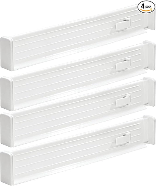 mDesign Expandable Dresser Drawer Divider with Foam Ends, Drawer Divider Locks in Place, Separators for Clothing and Accessories in Closet or Dresser Drawer, Ligne Collection, 4 Pack, White