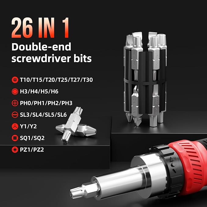26-in-1 Ratcheting Screwdriver Set Multi Screwdriver Tool Kit | All in 1 Ratchet Screwdriver, 12 Double Ended CRV Bits Phillips Slotted Torx Hex, Portable Tool for Home Bike Computer Repair