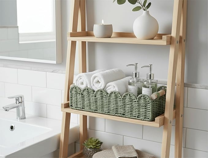 CubesLand Bathroom Basket Organizer, Toilet Tank Paper Storage Baskets 2PK | Scalloped Decorative Basket for Countertop w/Handle, Wicker Basket for Bathroom Decor, Home Decor, Living Room, Green