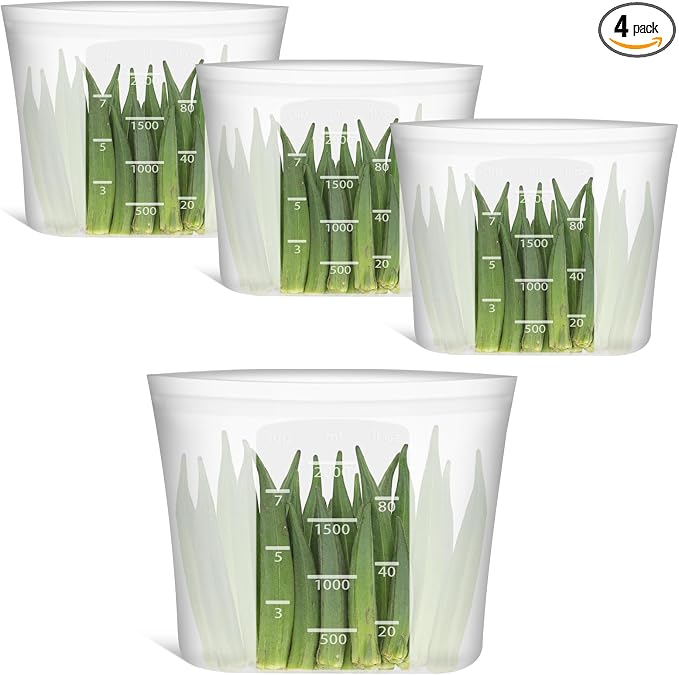 Reusable Food Storage Bags Half-Gallon, 4 Pack 100% Silicone Food Storage Bags Stand-Up Wide-Mouth Zip-Lock for Large Items, 67 fl.oz/2000 ml, Freezer Microwave Oven Dishwasher Safe, Translucent