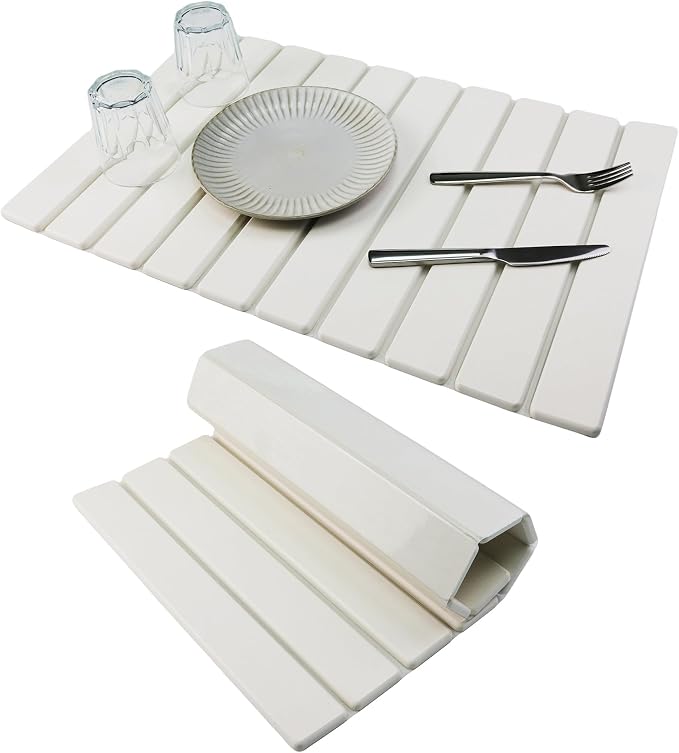 Large Stone Drying Mat for Kitchen Counter Diatomaceous Earth Collapsible 24”（L）*16”（W）Super Heat Resistant Mats, Quick Absorbent Dish Drying Rack（White）
