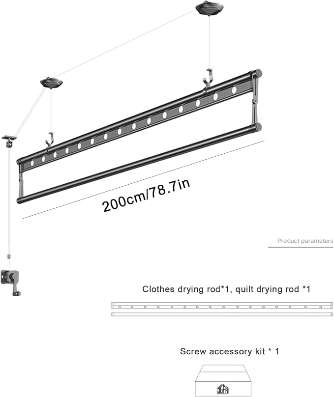 Ceiling Mounted Clothes Drying Rack, Indoor Balcony Lifting Aluminum Alloy Pulley Single Rod Clothes Rack, Hand-Held Vertical Folding Laundry Drying Rod(2M(78.7in), Gold)