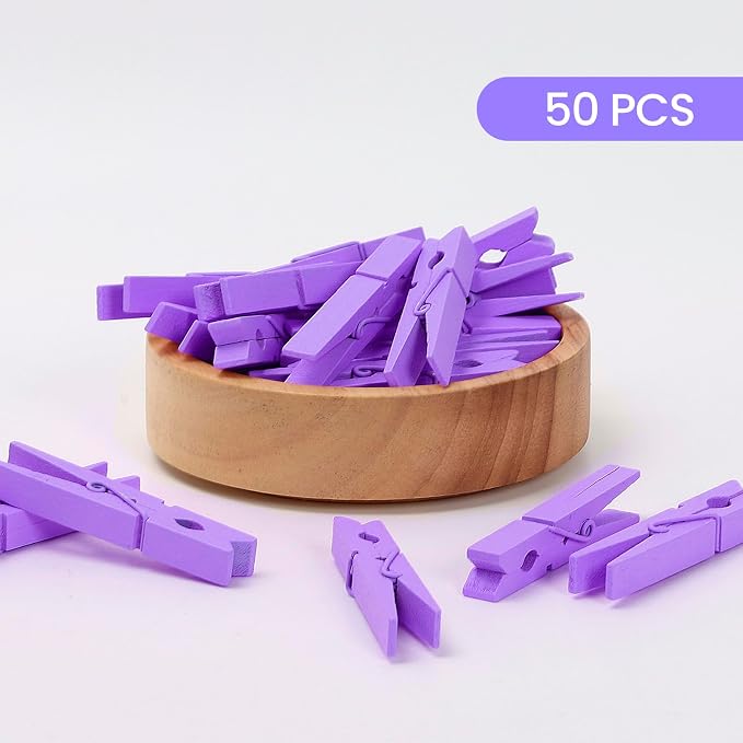 50PCS Colored Wooden Clothespins 2.9 Inch Color Clothes Pins for Pictures | Colorful Close Pins Wood for Photos Classroom School Decoration Craft Cheer, Purple