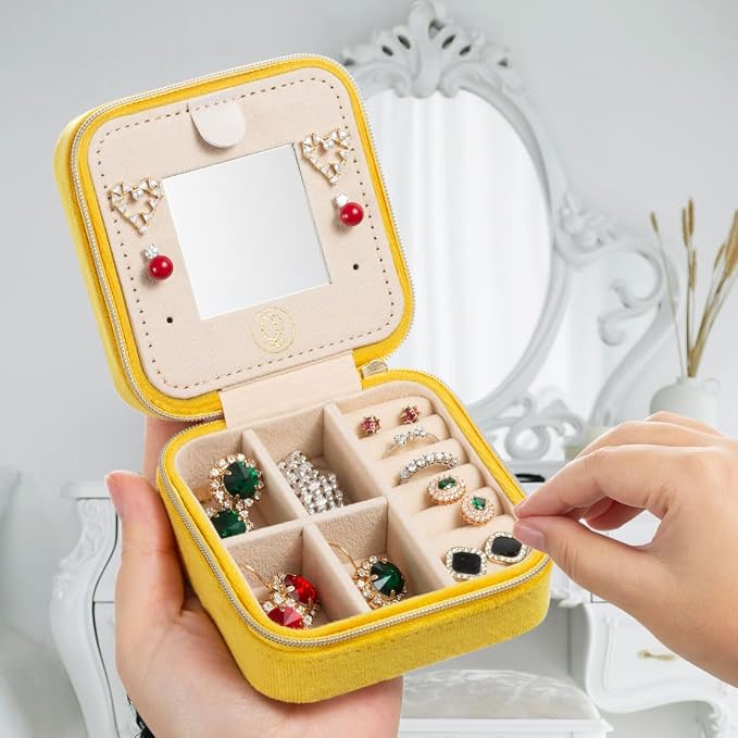 ZPROW Plush Velvet Travel Jewelry Case, Organizer, Box, Small Case for Women, Earring Organizer with Mirror, Best Gifts For Daughter, Girlfriend, Mom - Yellow